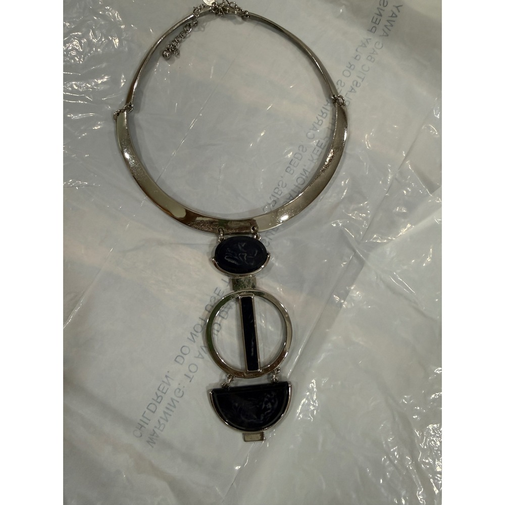Chicos Silver Tone Navy Blue Resin Geometric Statement Collar Necklace